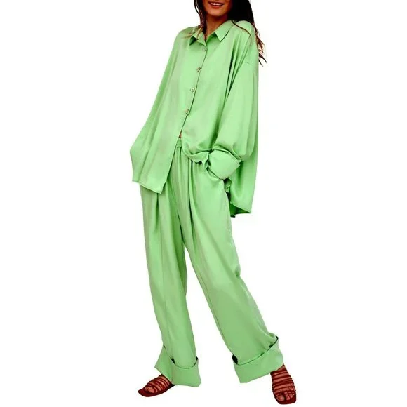 Sleeper Womens Sizeless Pajama Set Shirt With Pants One Size Mint Green - Picture 2 of 13